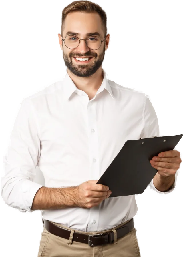 Consultor de óculos com uma prancheta