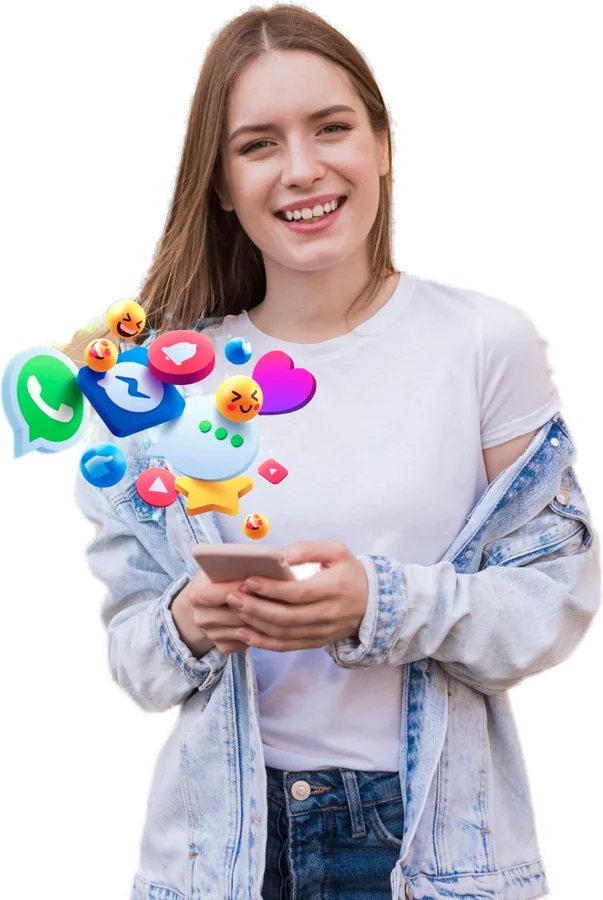 Social media com o celular e ícones de redes sociais